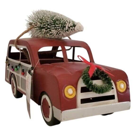 Truck Christmas Decor Red Station Wagon Car Tree Lights Wreath DECORATIONS - Picture 1 of 8